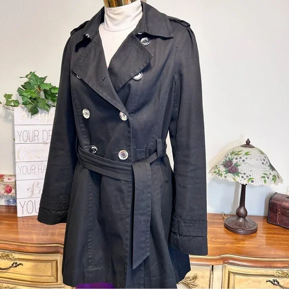 Express Black Denim Double-Breasted Belted Silver Button Trench Coat - Picture 4 of 16